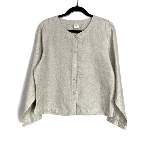 EILEEN FISHER Natural Short Round Neck Button Front Lightweight Jacket - Picture 14 of 14